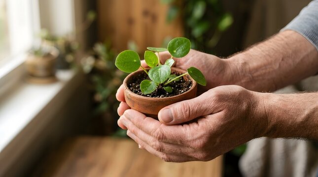 Closeup of a person holding a small pilea peperomioides plant in a terracotta pot near a bright window