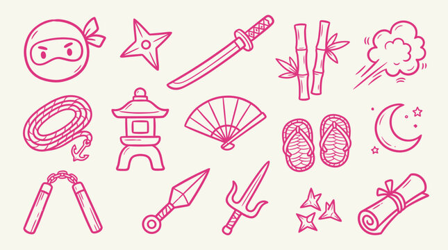 Collection of Japanese Ninja and Samurai Icons and Symbols in a Cute Doodle Style.