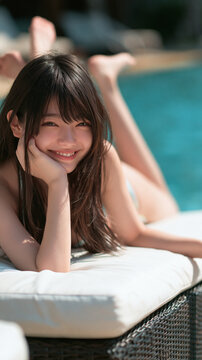 Joyful Sun-Kissed Relaxation: A young woman with a radiant smile reclines by a sparkling swimming pool, her eyes closed in blissful relaxation as the sun warms her skin.