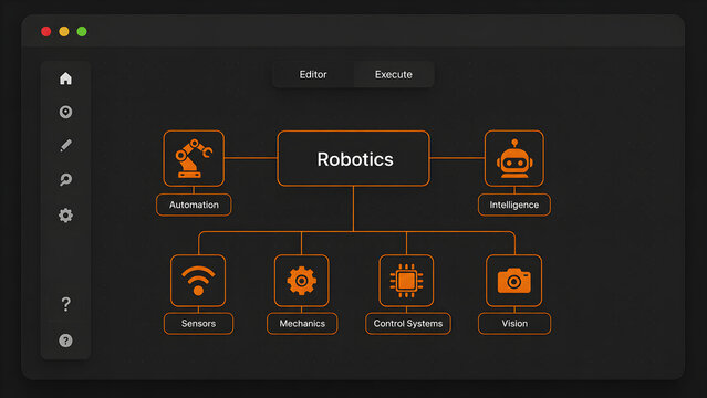 Robotics concept diagram showing automation, intelligence, sensors, mechanics, control systems and vision