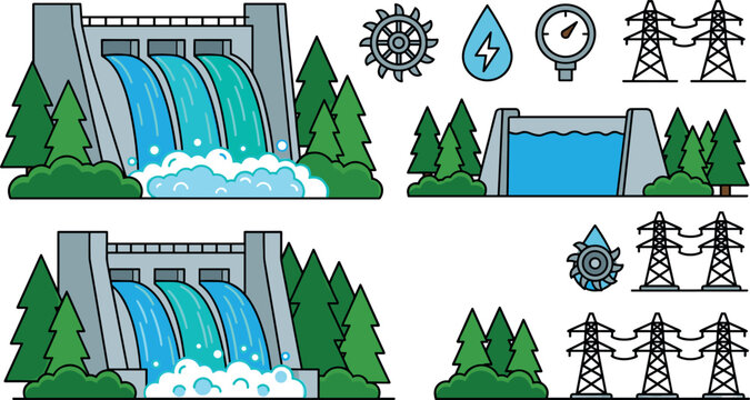 Hydroelectric Dam and Water Power Vector Set with Turbines, Electricity Pylons, Gauge, and Pine Trees