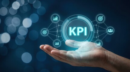 Obraz premium A hand holding a glowing KPI icon surrounded by business growth and success measurement icons.