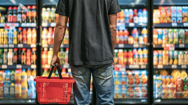 Grocery Shopping Experience: A person holding a red shopping basket stands in an aisle at a supermarket, surrounded by a wide selection of beverages displayed in refrigerated glass-fronted cabinets.