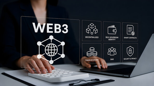 Web3 concept with businesswoman touching virtual screen showing decentralized identity, smart contracts and token economy
