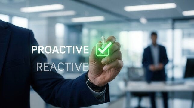 A businessman choosing a proactive strategy over a reactive approach.