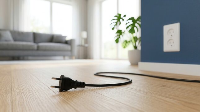 Black power cable unplugged on a wooden floor near an empty wall outlet to save energy.