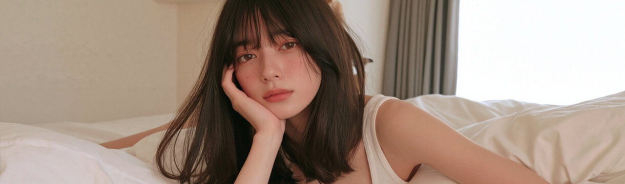 Serene Slumber: A young woman with long, dark hair and bangs rests peacefully in bed, her gaze thoughtful as she leans on her hand.