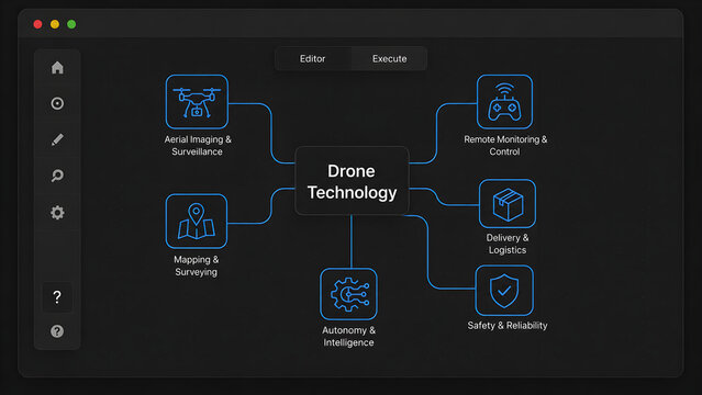 Drone technology concept diagram showing aerial imaging, mapping, remote control, delivery and autonomy