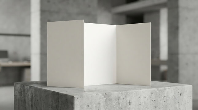 Tri-fold blank brochure or flyer mockup on concrete cube in minimalist interior, ready for isolated on a transparent background