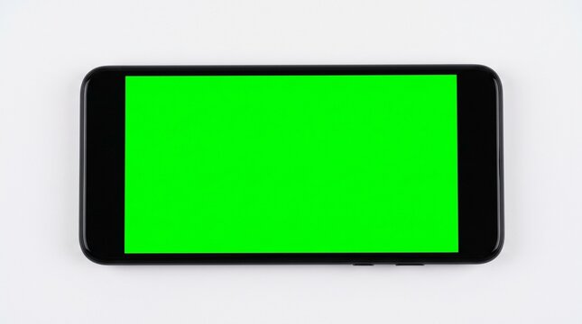 Modern black smartphone with a bright green screen for chroma keying and editing on a clean white background