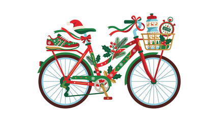 Naklejka premium Christmas Decorated Bicycle with Sports Gear Vector Illustration