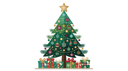 Naklejka premium Decorated Christmas Tree with Gift Boxes Vector Illustration