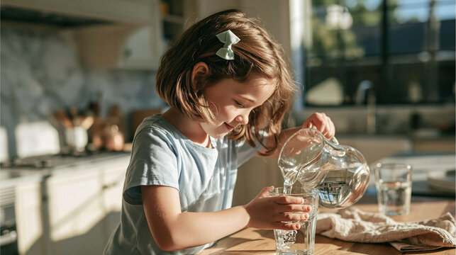 Young Girl Pouring Water: A young girl with a sweet expression pours water from a pitcher into a glass, a moment of quiet concentration in a sun-drenched kitchen.