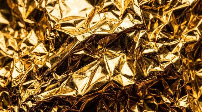 Luxurious abstract gold crumpled foil texture background, rich shiny surface