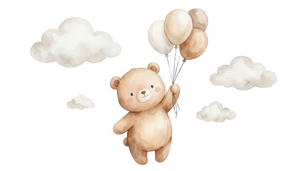 Fototapeta premium Watercolor illustration of a cute brown teddy bear holding a bunch of festive balloons floating peacefully among soft fluffy cumulus clouds in a gentle sky scene animal toy