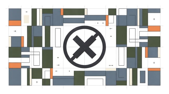 Abstract geometric design with negative prohibition symbol and minimalist tile pattern