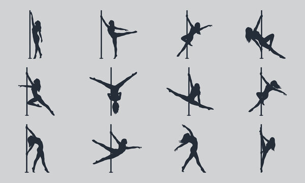 Set of pole dance silhouette poses vector