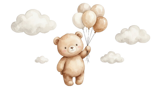 Watercolor illustration of a cute brown teddy bear holding a bunch of beige balloons flying amongst fluffy white clouds in the sky creating a whimsical and dreamy childhood atmosphere