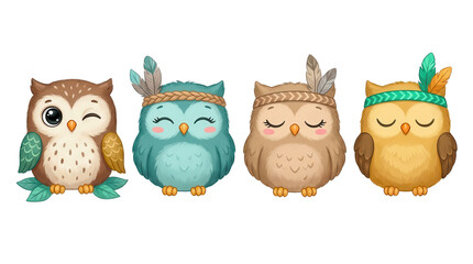 Fototapeta premium Four cute cartoon owls decorated with colorful feathers and braided headbands displayed together The characters feature different facial expressions and lovely pastel colors in a fun design