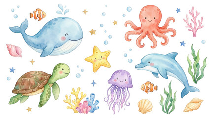Obraz premium Watercolor illustration set featuring cute sea animals including whale dolphin octopus turtle starfish jellyfish fish coral reefs seashells and bubbles floating around ocean