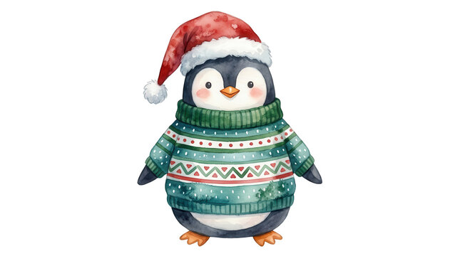 Watercolor illustration of a cute little penguin wearing a festive red Santa hat and a cozy green winter sweater with traditional Norwegian patterns painted with soft brush strokes
