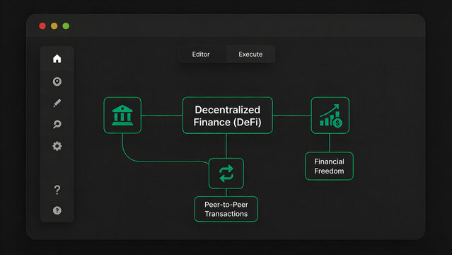 Decentralized finance DeFi concept diagram showing peer to peer transactions and financial freedom