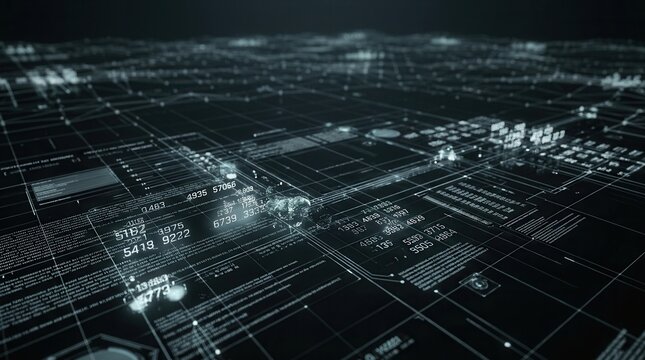 High-tech data analysis and data mining digital interface with abstract information and numbers.