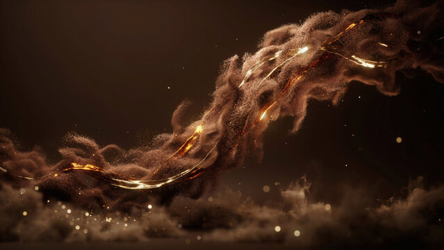 Abstract Flowing Dark Fabric Ribbon with Radiant Golden Light Particles and Soft Volumetric Texture