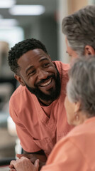 Fototapeta premium Caring Hands, Kind Heart: A cheerful healthcare professional shares a warm moment with an elderly patient, offering a smile and reassurance that brightens their day.