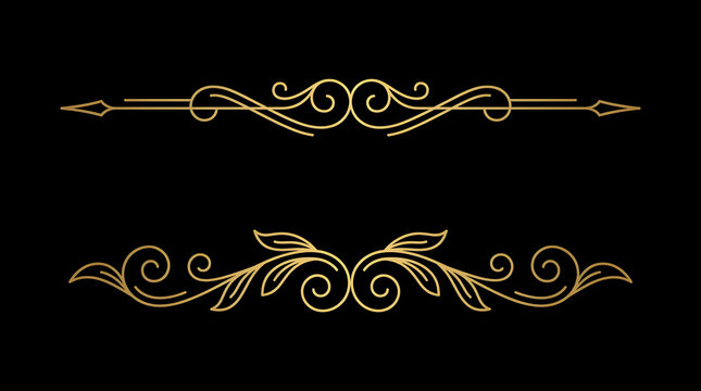 Vintage gold filigree dividers and luxury ornamental borders set. Elegant golden flourish line art elements on black background for premium wedding invitations and high-end branding. Classic