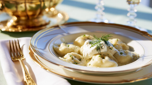Pelmeni, traditional Russian dumplings filled with meat, topping with sour cream and dill, served on a decorated plate with gold fork