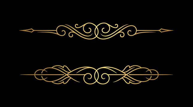 Vintage gold filigree dividers and ornamental scroll headers, elegant metallic flourishes on a black background for luxury branding and wedding invitations. Decorative golden floral borders and