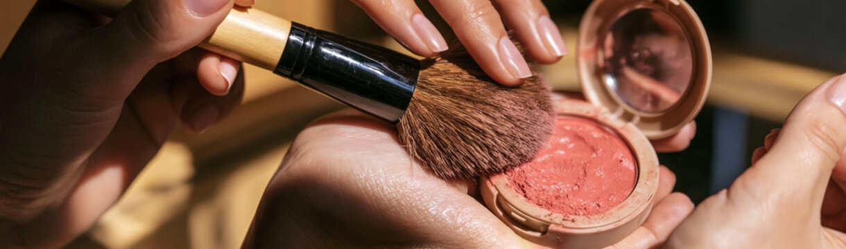 Applying Blush: A close-up shot captures a makeup artist applying blush to a cheek with a soft brush, highlighting the delicate art of cosmetic application.