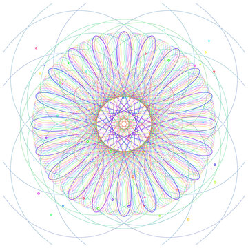 Colorful geometric mandala flower pattern with radial lines and dots on white