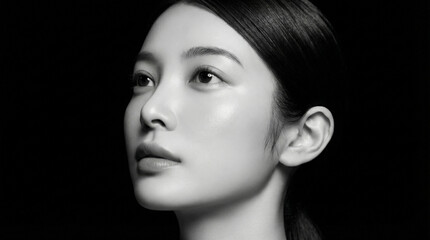 Fototapeta premium 遠くを見つめる澄んだ瞳が美しい日本人女性のモノクロの横顔