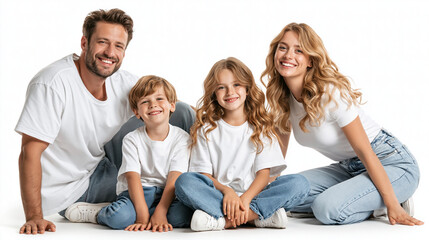 Obraz premium Smiling Family Portrait: A happy family of four, consisting of two parents and two children, are dressed in white tops and blue jeans, posing for a portrait.