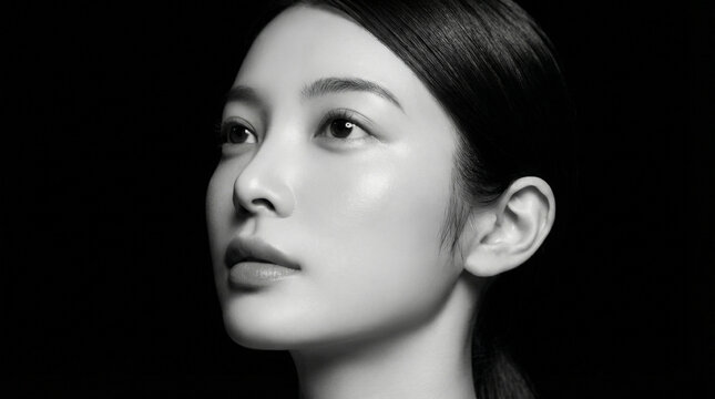 遠くを見つめる澄んだ瞳が美しい日本人女性のモノクロの横顔