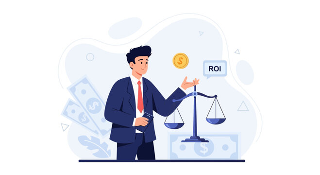 Businessman balancing investment gains and losses on scales, representing ROI and financial strategy