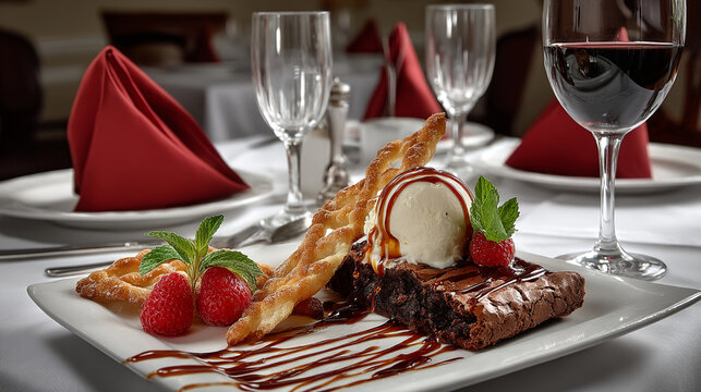 Gourmet chocolate brownie dessert served with red wine in a fine restaurant setting