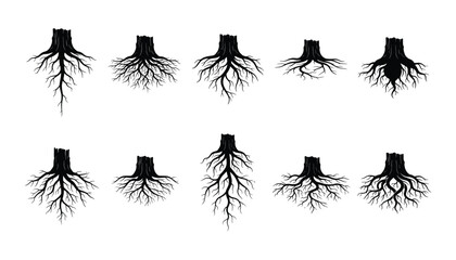 Fototapeta premium Black Silhouette Tree Root and Stump Vector Set Featuring Branching Underground Taproots and Fibrous Root Systems for Botany and Landscape Graphic Designs