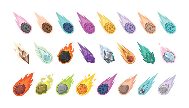Cartoon Meteor and Asteroid Vector Illustration Set with Burning Comets Fireballs Space Rocks Crystals and Meteorites for Sci-Fi Game and Astronomy UI Designs