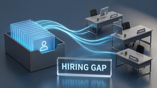 A glowing blue digital human icon in a folder transferring data to empty office desks with 'Vacant' signs, symbolizing a hiring gap and recruitment challenges in the modern workplace.