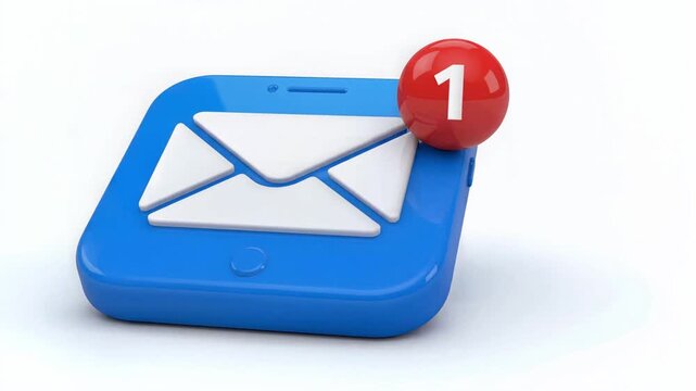 3D blue smartphone mail icon animation with new incoming unread message red badge notification alert symbol isolated on clean white background for communication