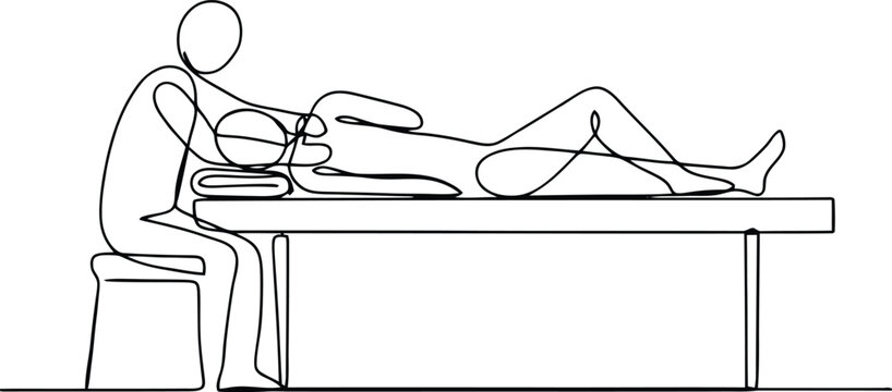 Continuous line art vector of a physical therapist massaging a patient lying on a wellness spa table