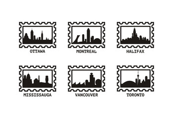 Fototapeta premium Set of Canada cities stamps with iconic skylines. Silhouettes of Ottawa, Montreal, Halifax, Mississauga, Vancouver, Toronto. Clip art, icon bundle for travel designs, postcards