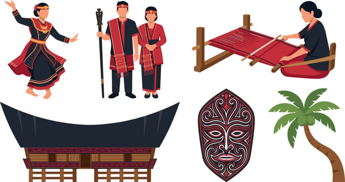 Batak Sumatra Culture Vector Set with Traditional House Costume Dancer Ulos Weaving Wood Carving Mask and Palm Tree Elements for Indonesia Tourism Designs