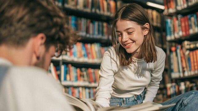 A Shared Study Session: A young woman smiles warmly at a male classmate while studying together amidst towering bookshelves filled with books.