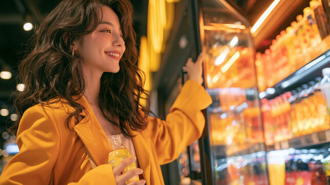 Refreshing Choice: A smiling young woman in a vibrant yellow jacket selects a beverage from a well-lit cooler, her expression conveying satisfaction and a moment of personal indulgence.
