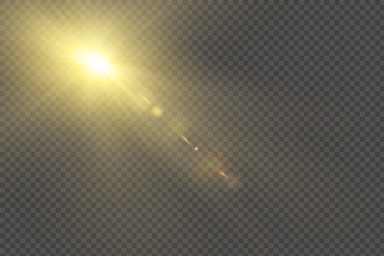 yellow glowing light explodes on a transparent background. Sparkling magical dust particles. Bright Star. Transparent shining sun, bright flash. Vector sparkles.