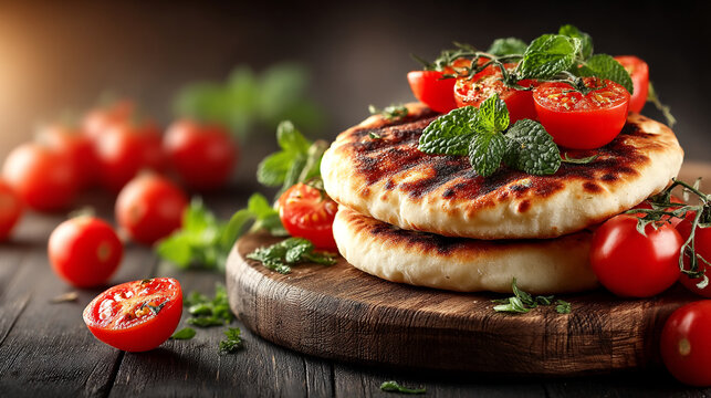 Flatbread topped with fresh cherry tomatoes and herbs on a wooden board